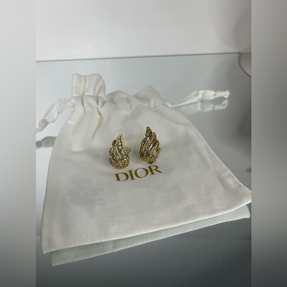 Christian Dior Rhinestone Gold Tone Clip On Earrings With Dust Bag - Picture 2 of 11